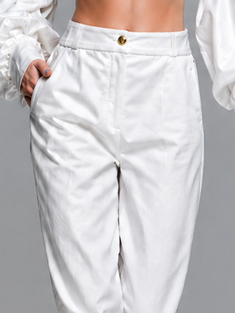 Women's Minimalist & Elegant White Polyester-Cotton Straight-Leg Cropped Trousers MDZ2950D2ZJW