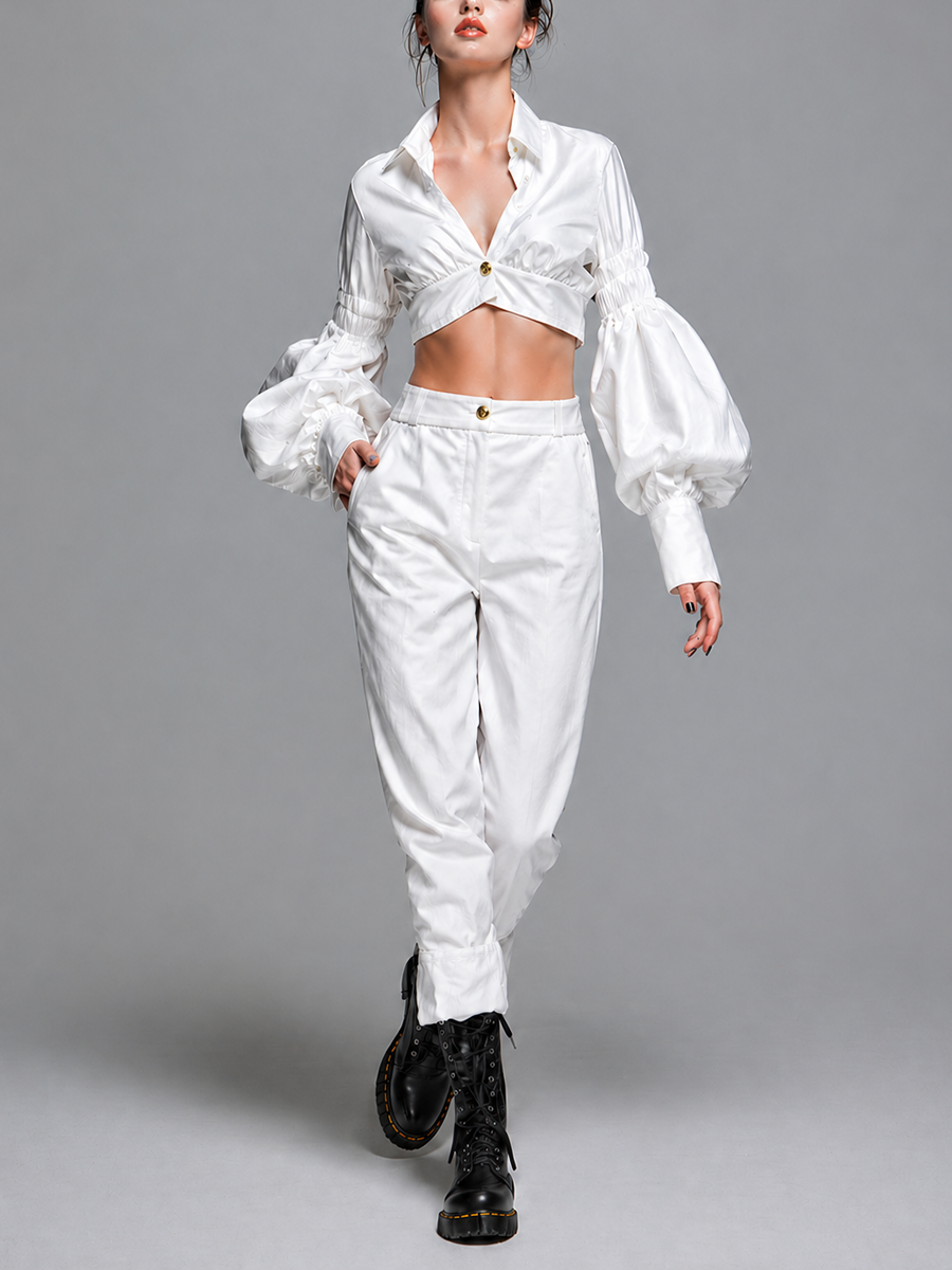 Women's Minimalist & Elegant White Polyester-Cotton Straight-Leg Cropped Trousers MDZ2950D2ZJW