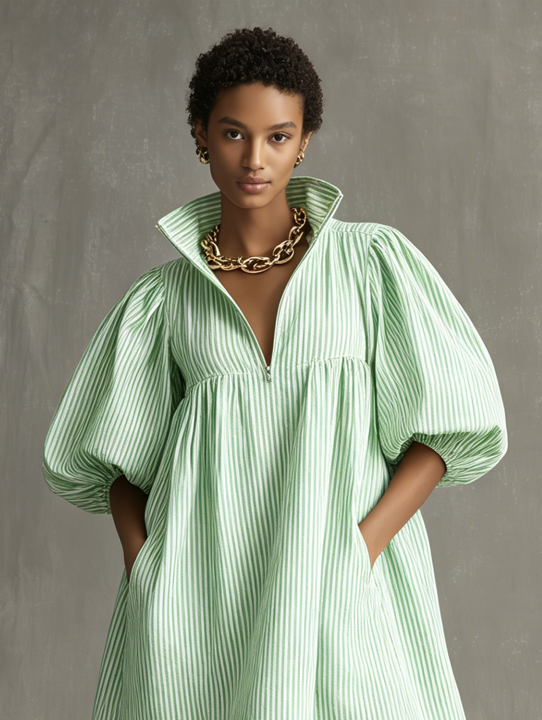 Women's Minimalist Striped Puff-Sleeve Zip-Collar Mini Dress MDZ2930D5Y