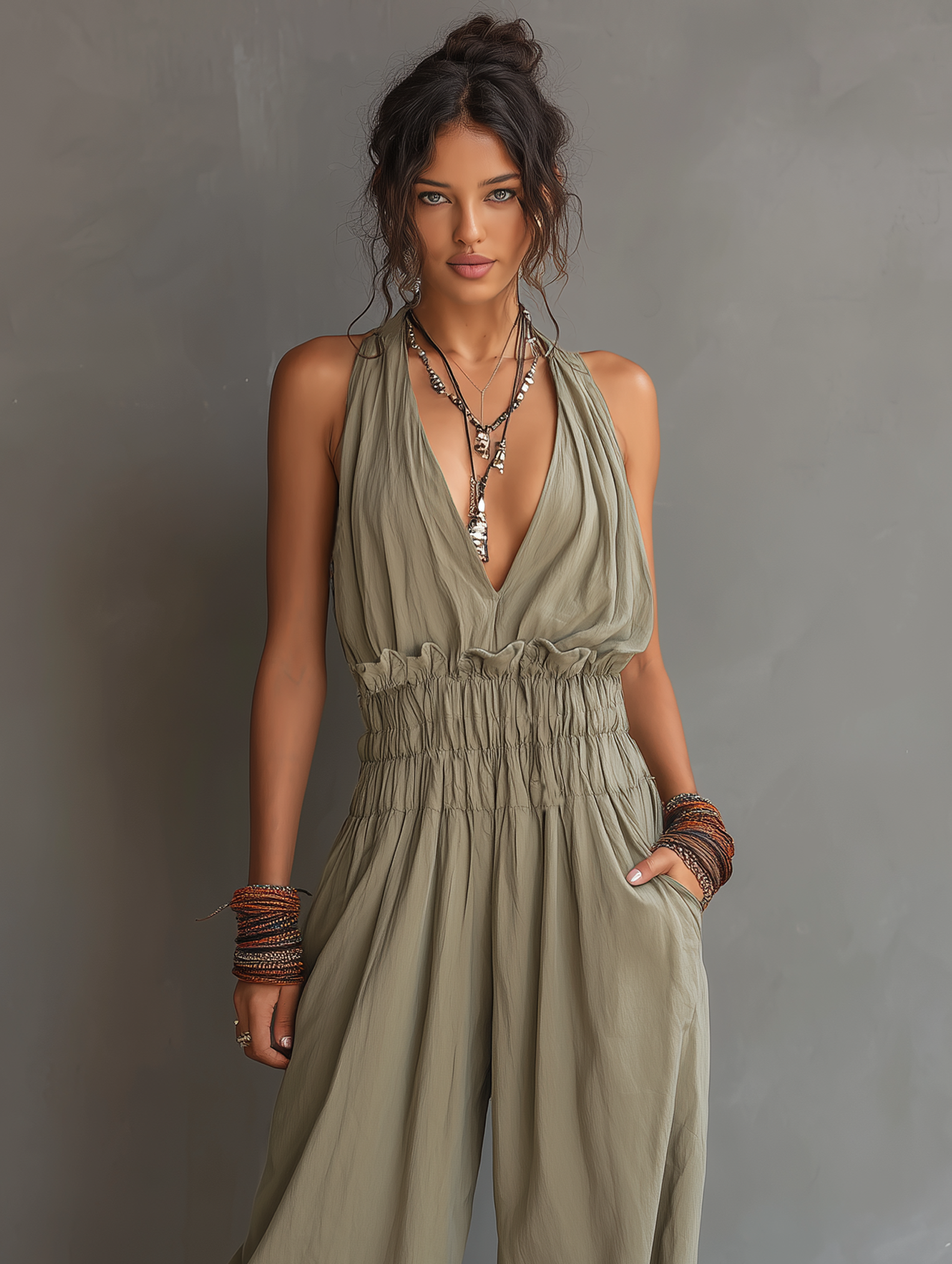 Women's Minimalist Halter-Neck V-Neck Sleeveless Waist-Cinching Jumpsuit MDZ2904D2Y