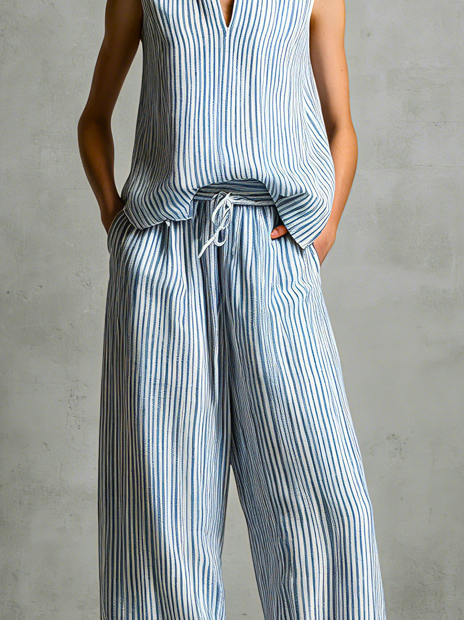 Women's Casual Blue And White Striped Woven Sleeveless V-Neck Top With Trousers MDZ2940D8LXY