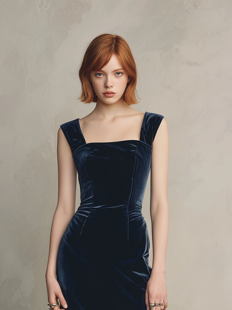 Women's Elegant & Simple Sleeveless Slim-Fit Velvet Midi Dress MDZ3035D7ZJW