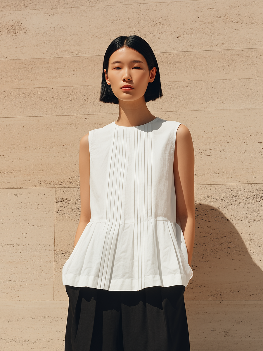 Women's Minimalist & Elegant Pleated Cotton-Linen Sleeveless Top MDZ3006D4ZJW