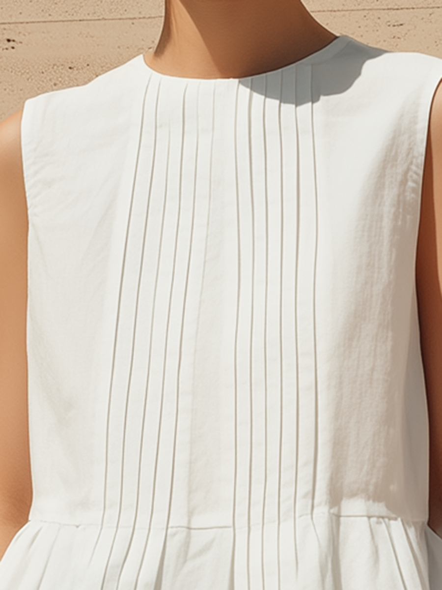 Women's Minimalist & Elegant Pleated Cotton-Linen Sleeveless Top MDZ3006D4ZJW