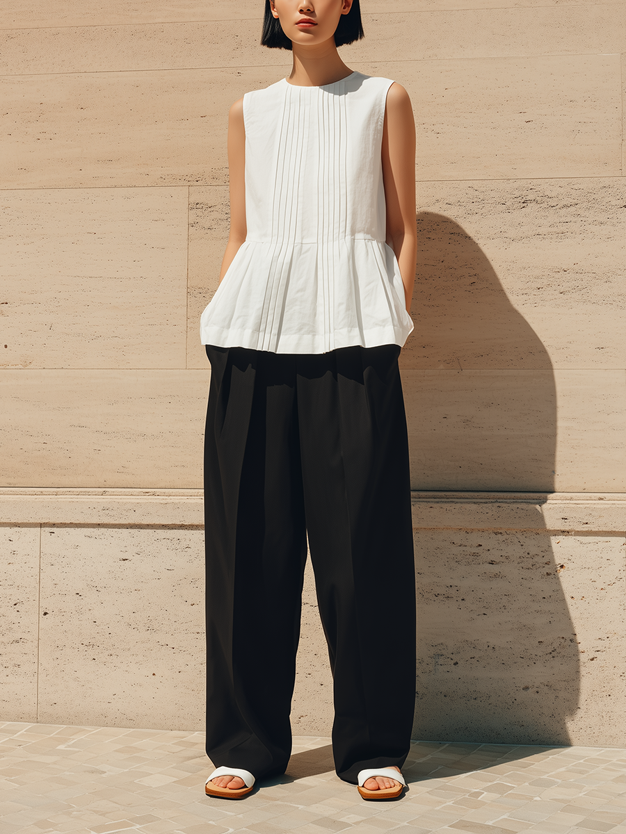 Women's Minimalist & Elegant Pleated Cotton-Linen Sleeveless Top MDZ3006D4ZJW