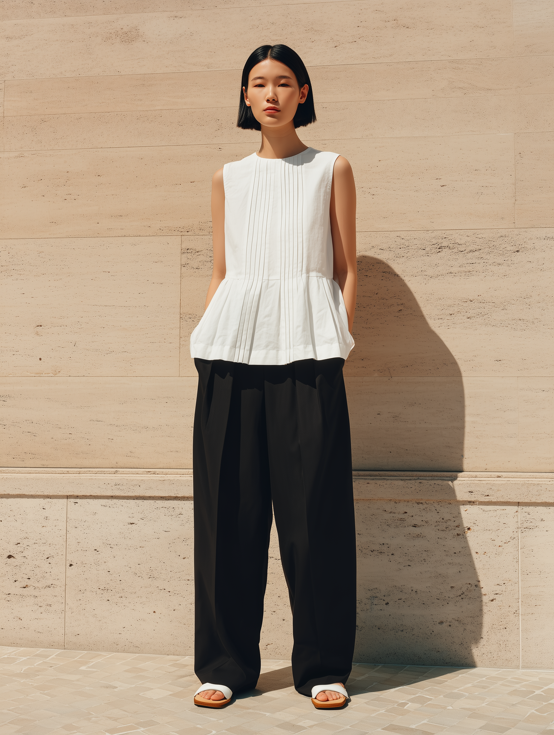 Women's Minimalist & Elegant Pleated Cotton-Linen Sleeveless Top MDZ3006D4ZJW