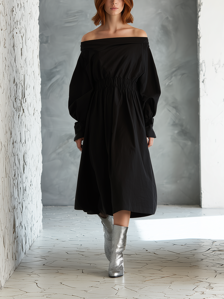 Women's Elegant & Minimalist Black Cotton-Linen Midi Dress — Long Sleeve, Waist-Defining MDZ3097D9ZJW