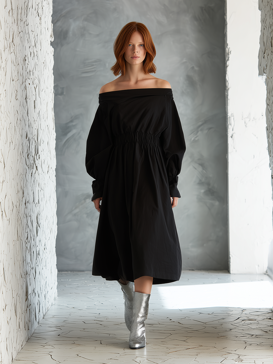 Women's Elegant & Minimalist Black Cotton-Linen Midi Dress — Long Sleeve, Waist-Defining MDZ3097D9ZJW