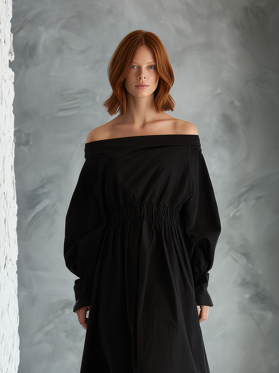 Women's Elegant & Minimalist Black Cotton-Linen Midi Dress — Long Sleeve, Waist-Defining MDZ3097D9ZJW