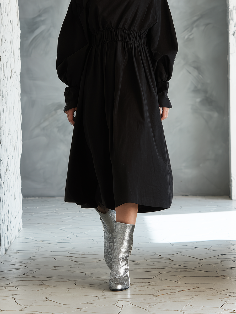 Women's Elegant & Minimalist Black Cotton-Linen Midi Dress — Long Sleeve, Waist-Defining MDZ3097D9ZJW