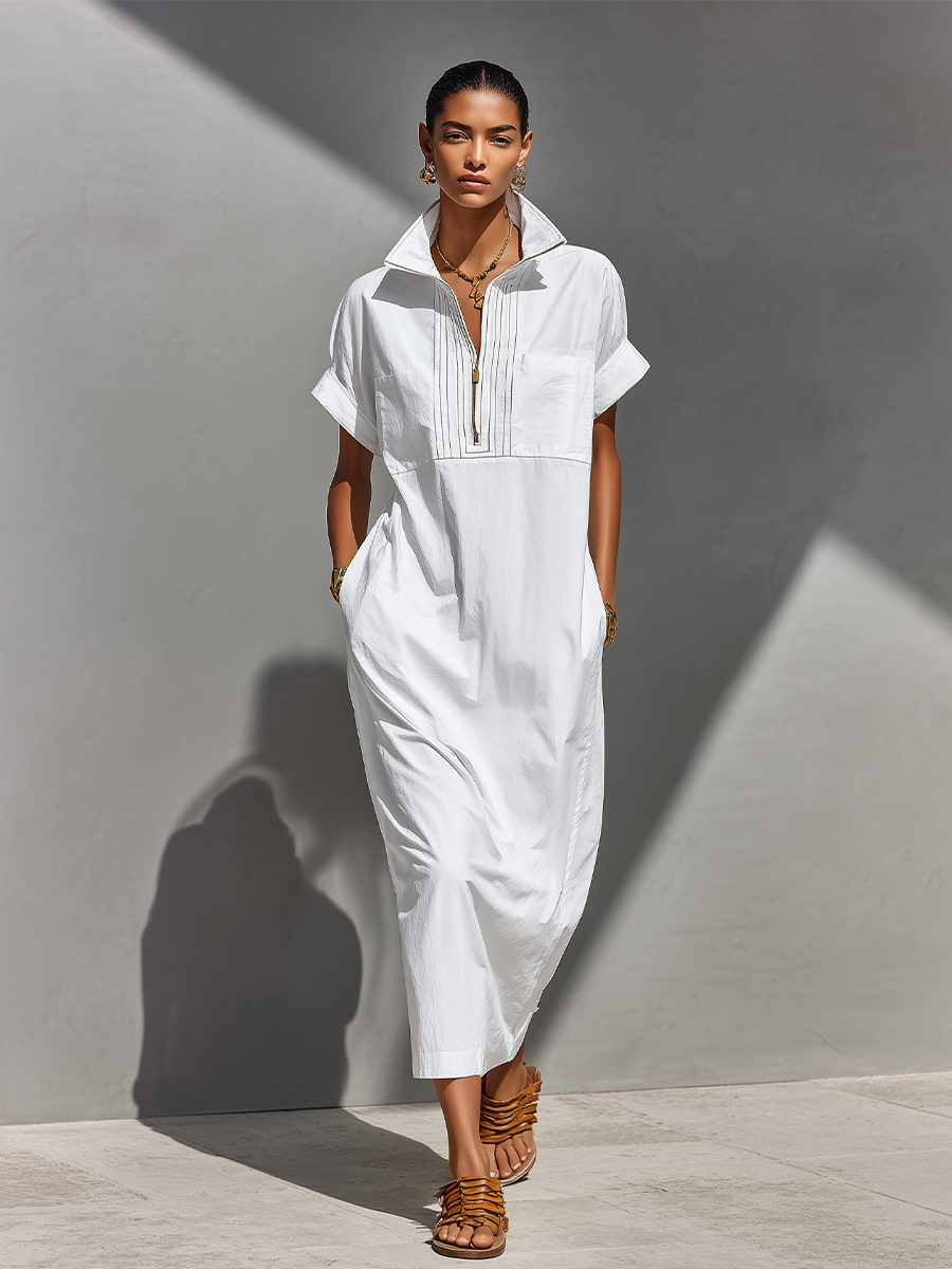 cotton everyday dress Women's White 100% Maxi Shirt With Half-Zip Collar & Roll – Modesees style: cover-up dress 2 pockets SHEIN BAE Women's Pink Size:Small/Medium