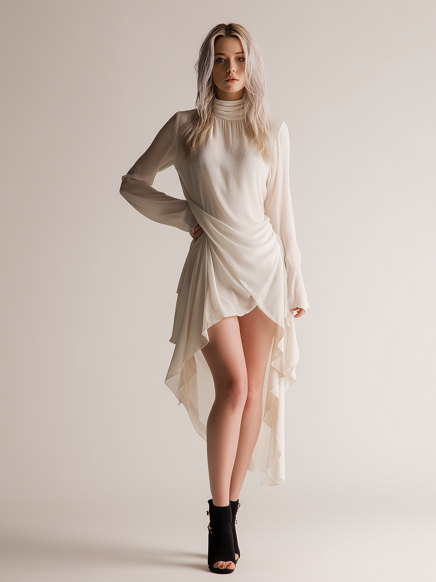 Women's Off-White Chiffon High-Low Dress With Turtleneck & Long Sleeves, Timeless Romantic Evening Dress MDZ0733E6LYL