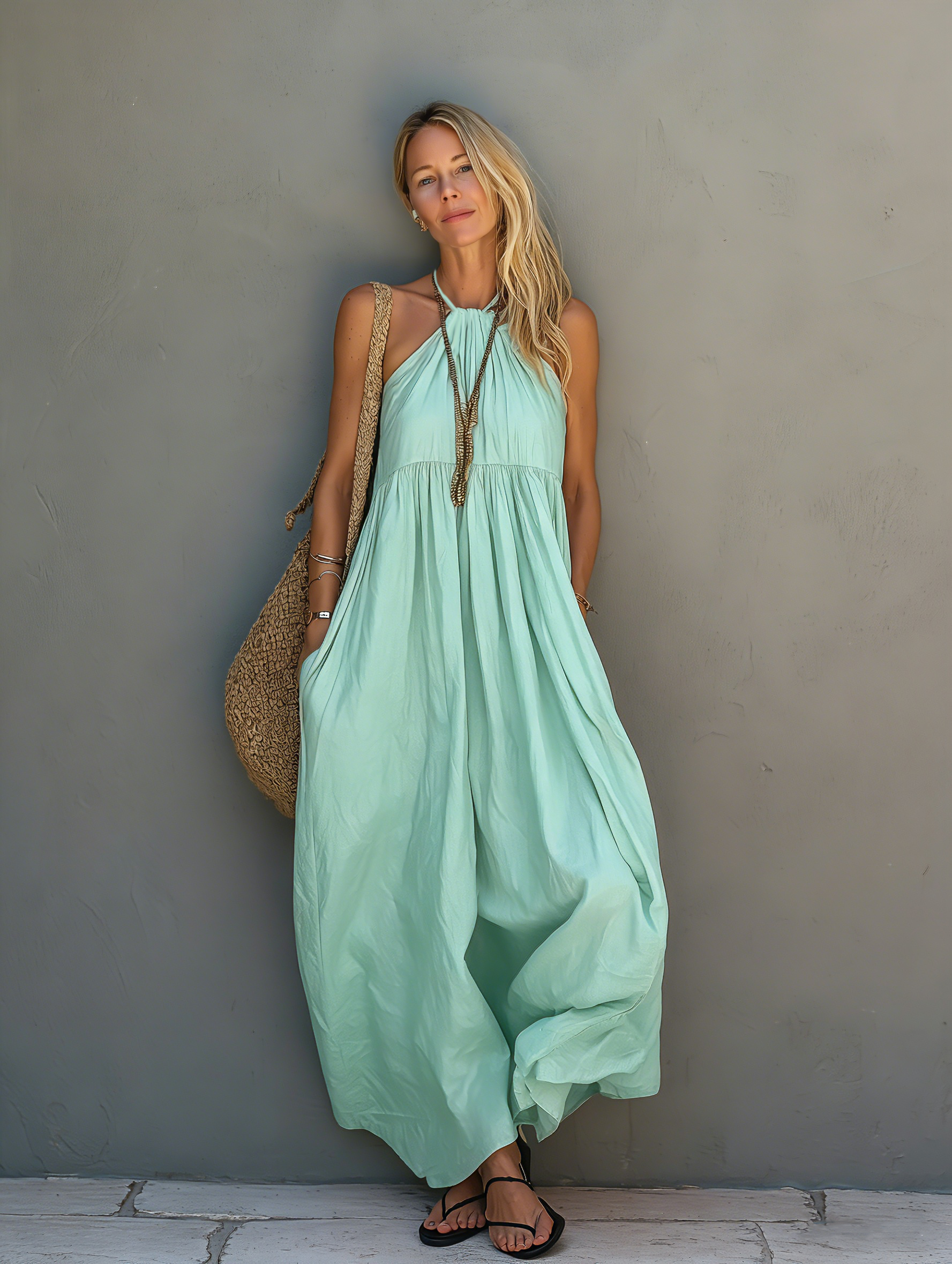 Women's Casual Woven Halter-Neck Sleeveless Jumpsuit In Mint Green MDZ0802E5LXY