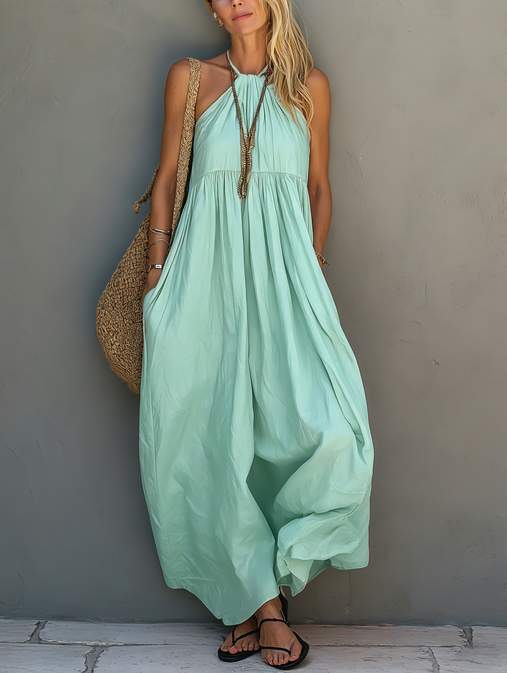 Women's Casual Woven Halter-Neck Sleeveless Jumpsuit In Mint Green MDZ0802E5LXY