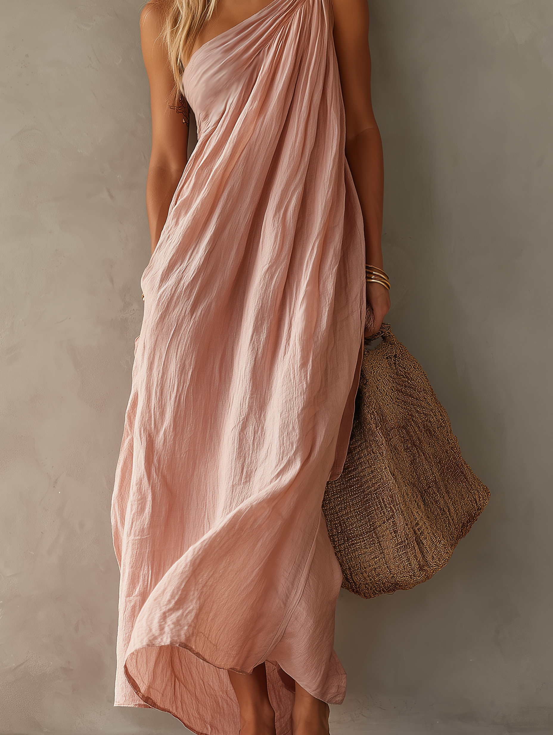 Women's Elegant Pink Cotton-Linen One-Shoulder Sleeveless Maxi Dress M – Modesees