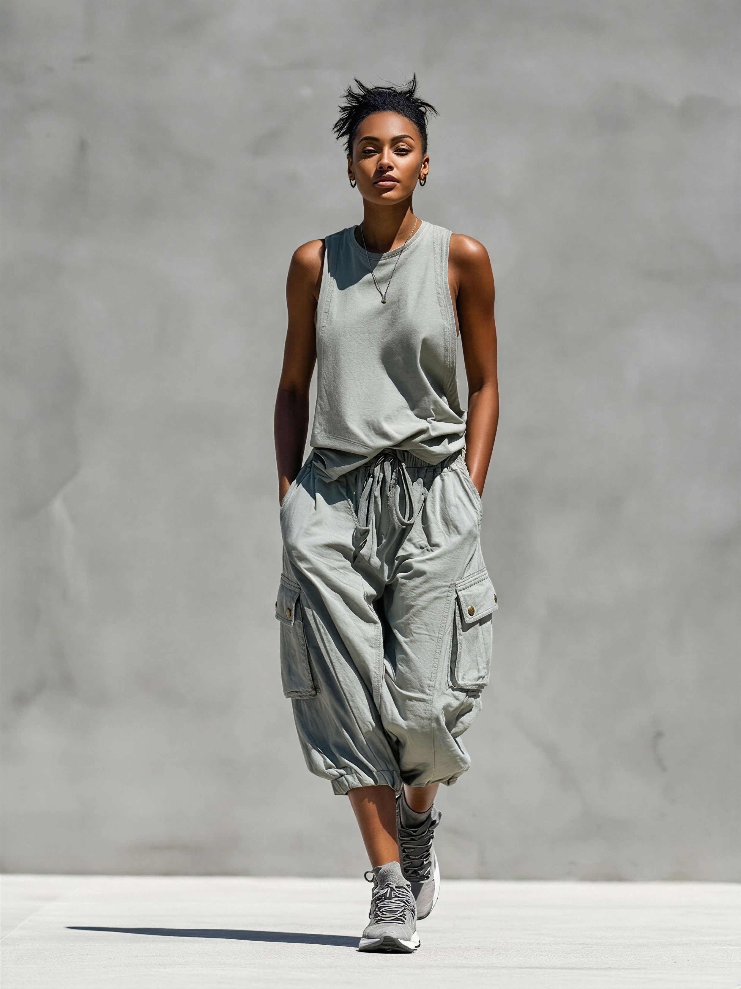 Women’s Grey Sleeveless Tank Top & Cargo Jogger Shorts Two-Piece Set MDZ0853E1T