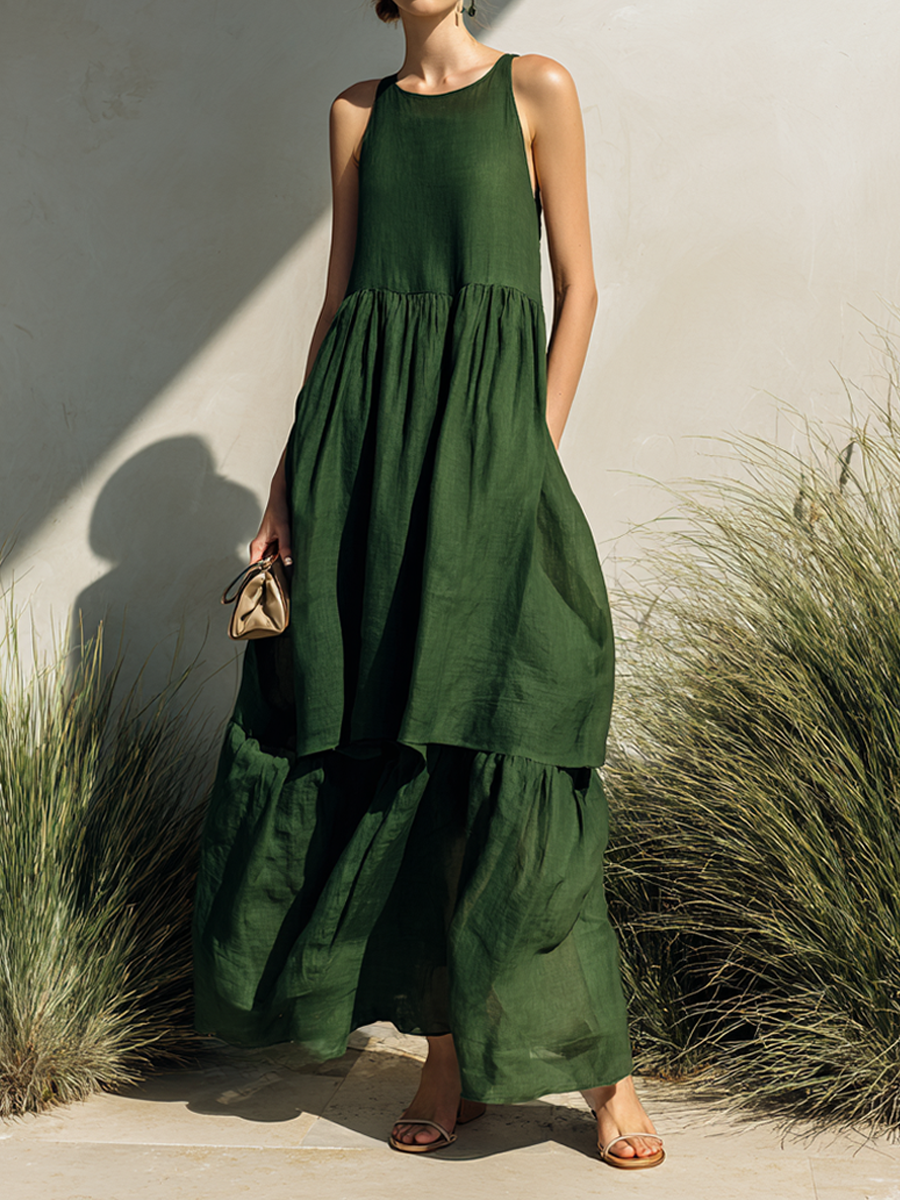 Women's Simple Linen-Blend Sleeveless Tiered Maxi Dress MDZ0994E6ZRK