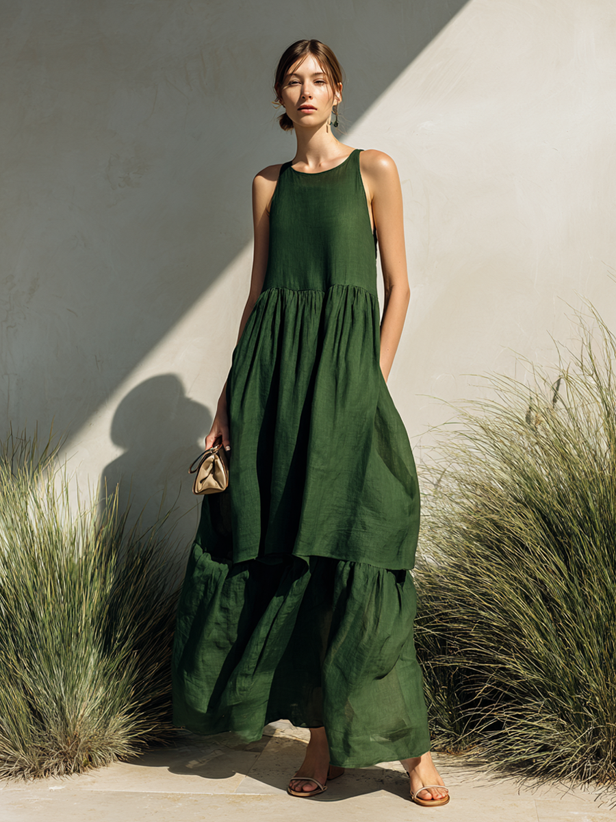 Women's Simple Linen-Blend Sleeveless Tiered Maxi Dress MDZ0994E6ZRK