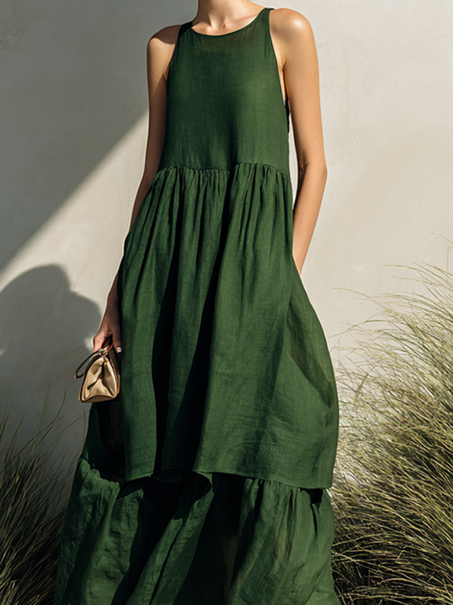 Women's Simple Linen-Blend Sleeveless Tiered Maxi Dress MDZ0994E6ZRK