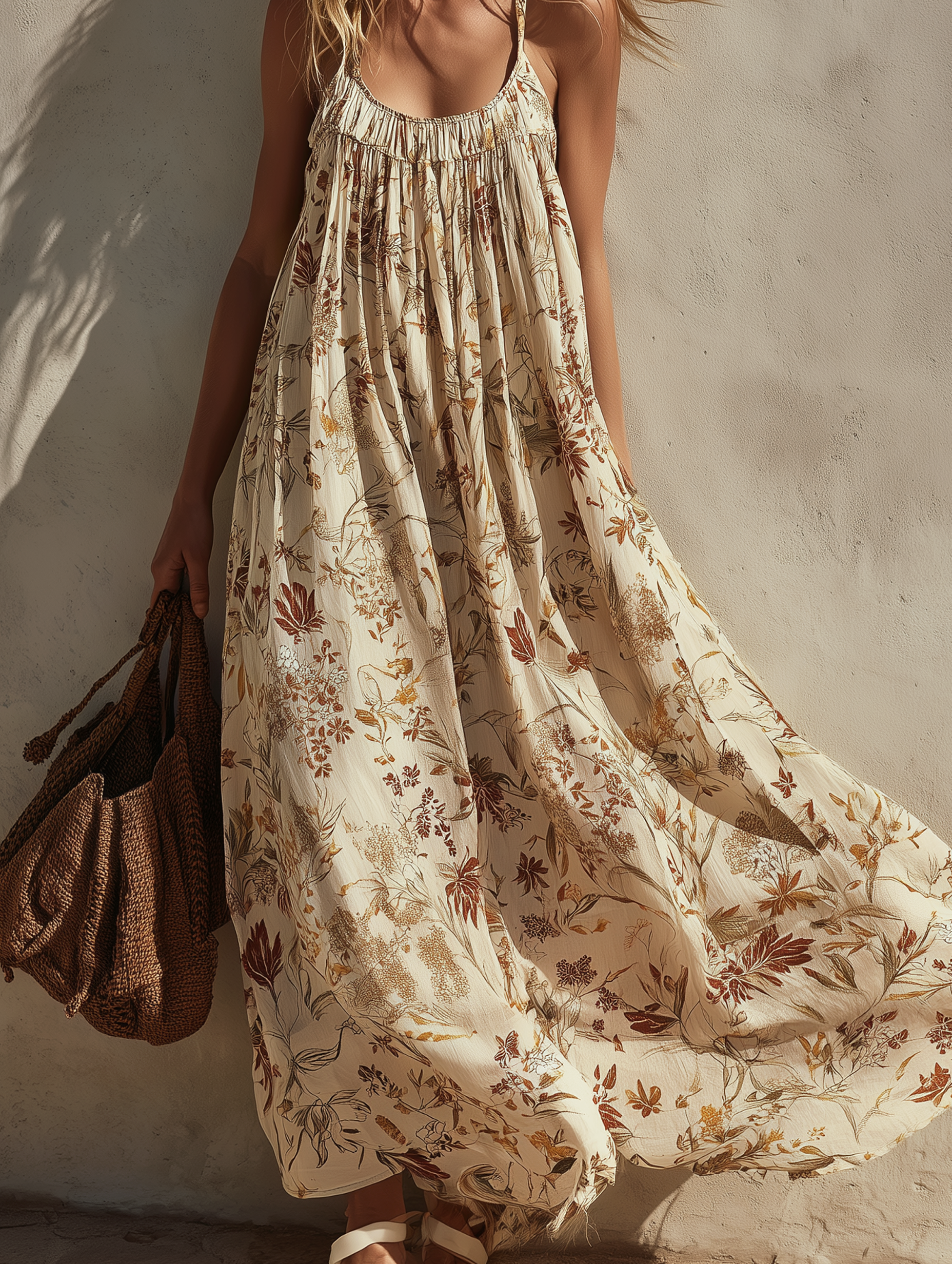 Women's Elegant Resort-Style Beige Floral Chiffon Strappy Sleeveless Maxi Dress MDZ0980E8LXY