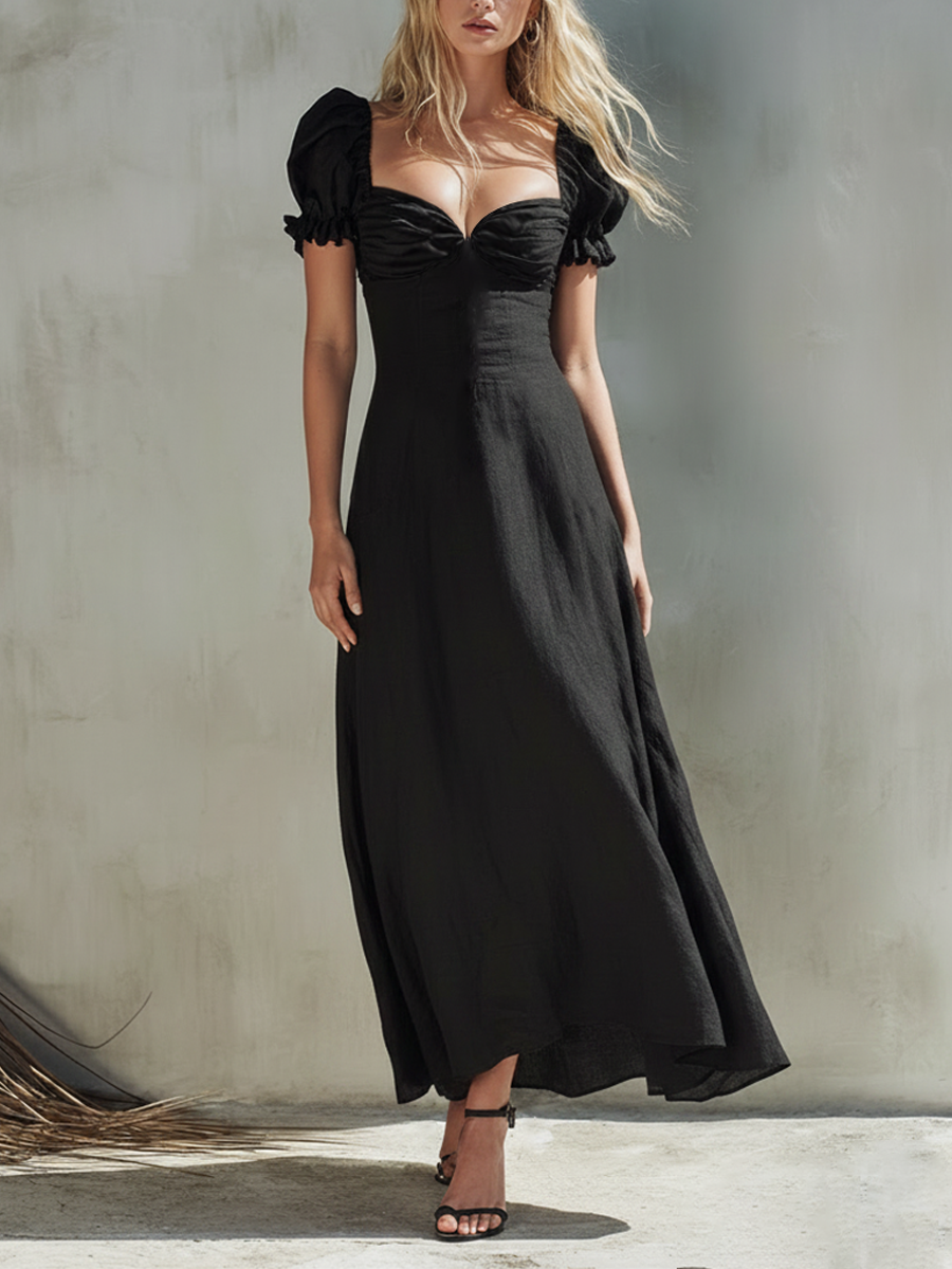 Women's Elegant Linen-Blend Maxi Dress With Puff Sleeves And Sweetheart Neckline MDZ1187E6ZRK