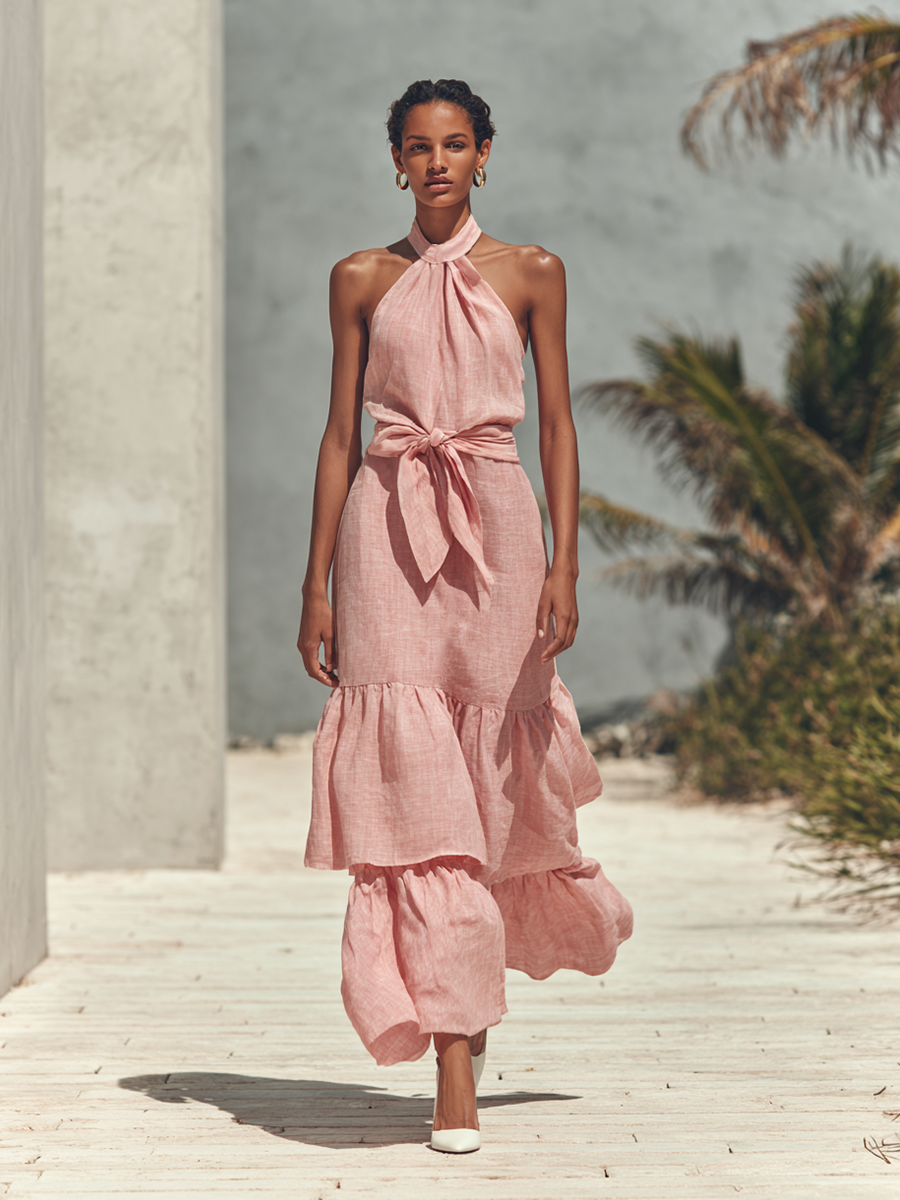 Women's Elegant Halter-Neck Tiered Maxi Dress MDZ1123E6ZRK