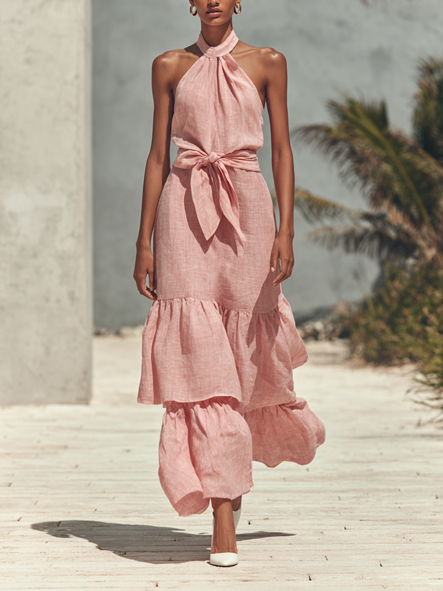 Women's Elegant Halter-Neck Tiered Maxi Dress MDZ1123E6ZRK