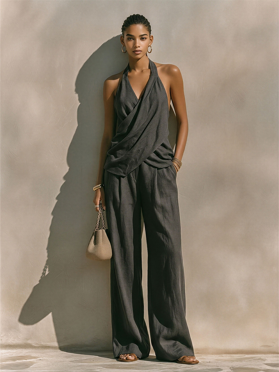 Women's Dark Gray Halter Neck Linen Co-Ord Set With Cross-Front Top & High-Waisted Pants, Modern Effortless-Chic Summer Outfit MDZ1133E0LYL