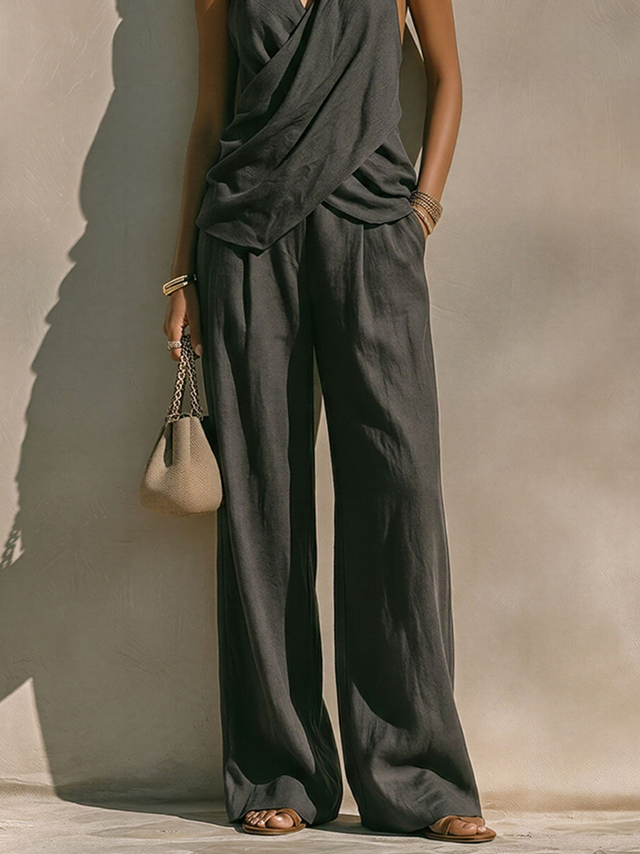 Women's Dark Gray Halter Neck Linen Co-Ord Set With Cross-Front Top & High-Waisted Pants, Modern Effortless-Chic Summer Outfit MDZ1133E0LYL