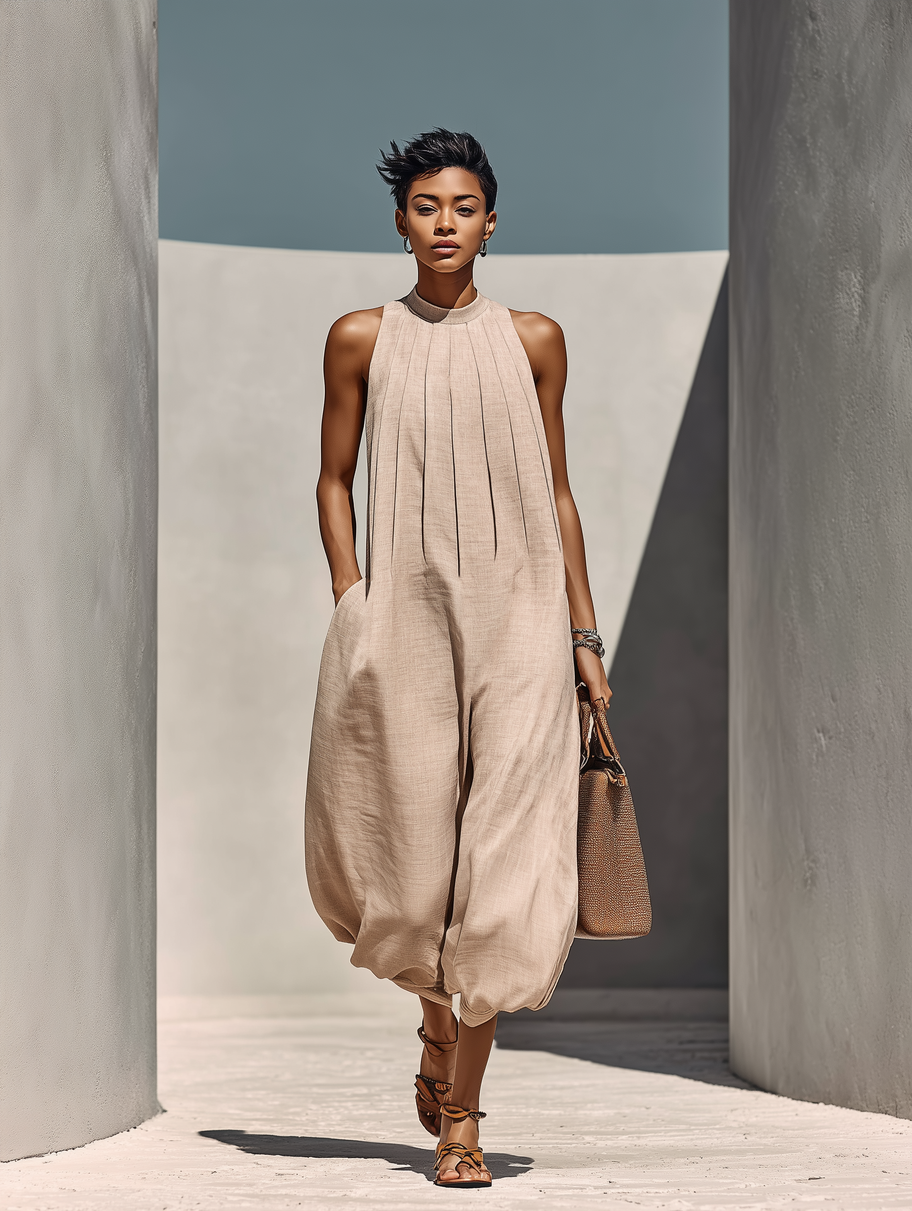 Women’s Beige Linen-Blend Sleeveless Gathered Round Neck Jumpsuit MDZ1113E2T