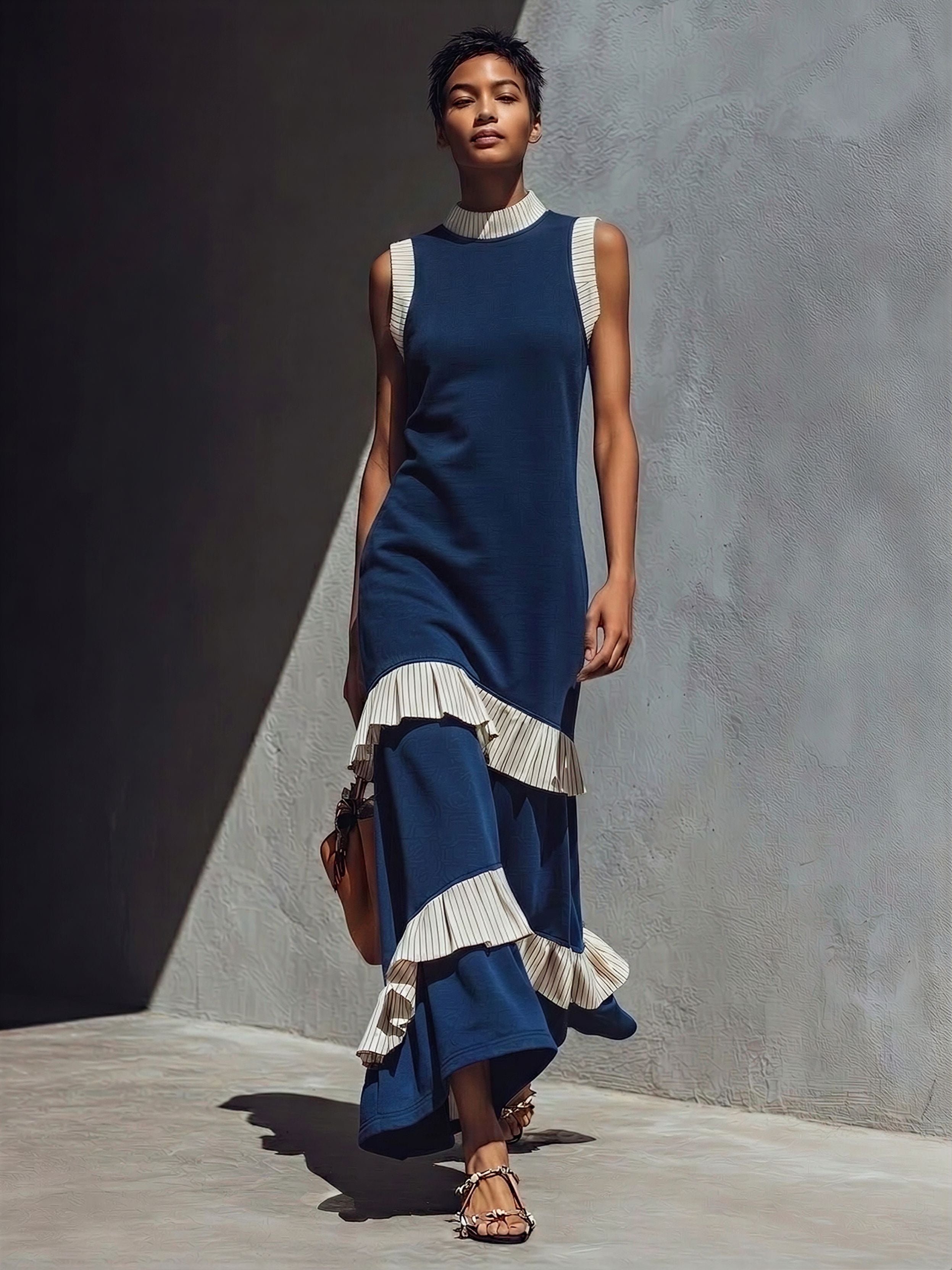 Women’s Navy Blue Sleeveless High-Neck Maxi Dress With Striped Ruffle Trim MDZ1155E1T