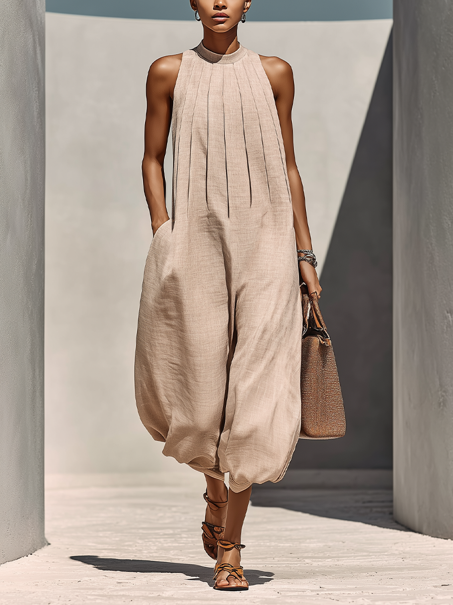 Women’s Beige Linen-Blend Sleeveless Gathered Round Neck Jumpsuit MDZ1113E2T