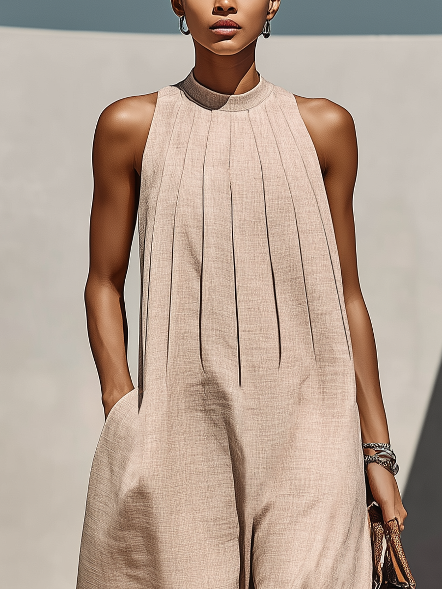 Women’s Beige Linen-Blend Sleeveless Gathered Round Neck Jumpsuit MDZ1113E2T