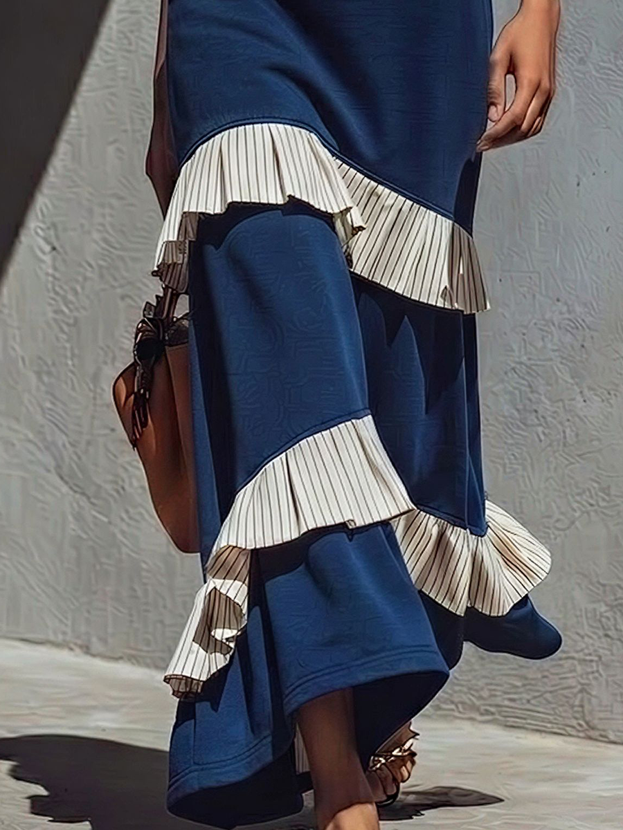 Women’s Navy Blue Sleeveless High-Neck Maxi Dress With Striped Ruffle Trim MDZ1155E1T