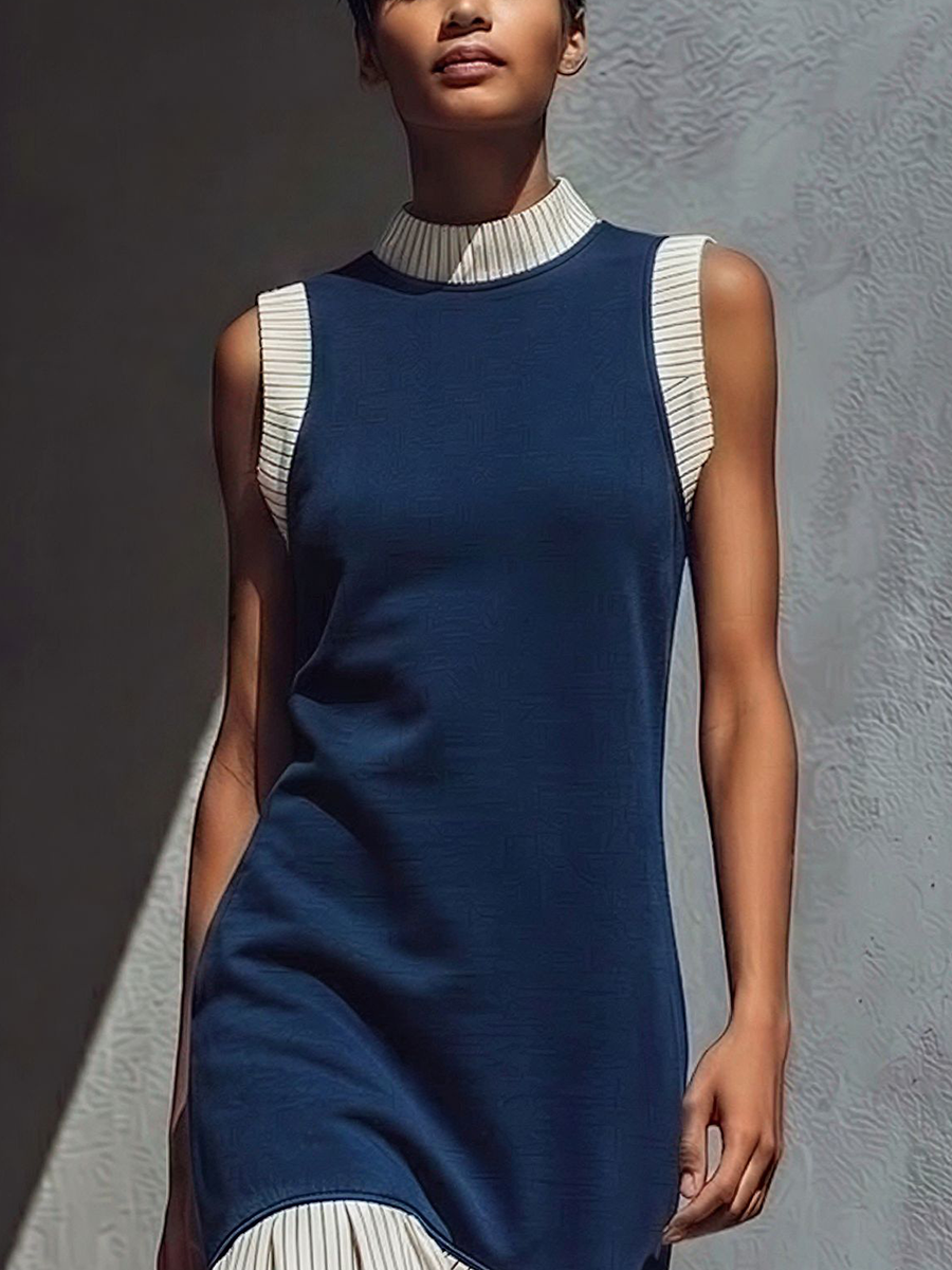 Women’s Navy Blue Sleeveless High-Neck Maxi Dress With Striped Ruffle Trim MDZ1155E1T