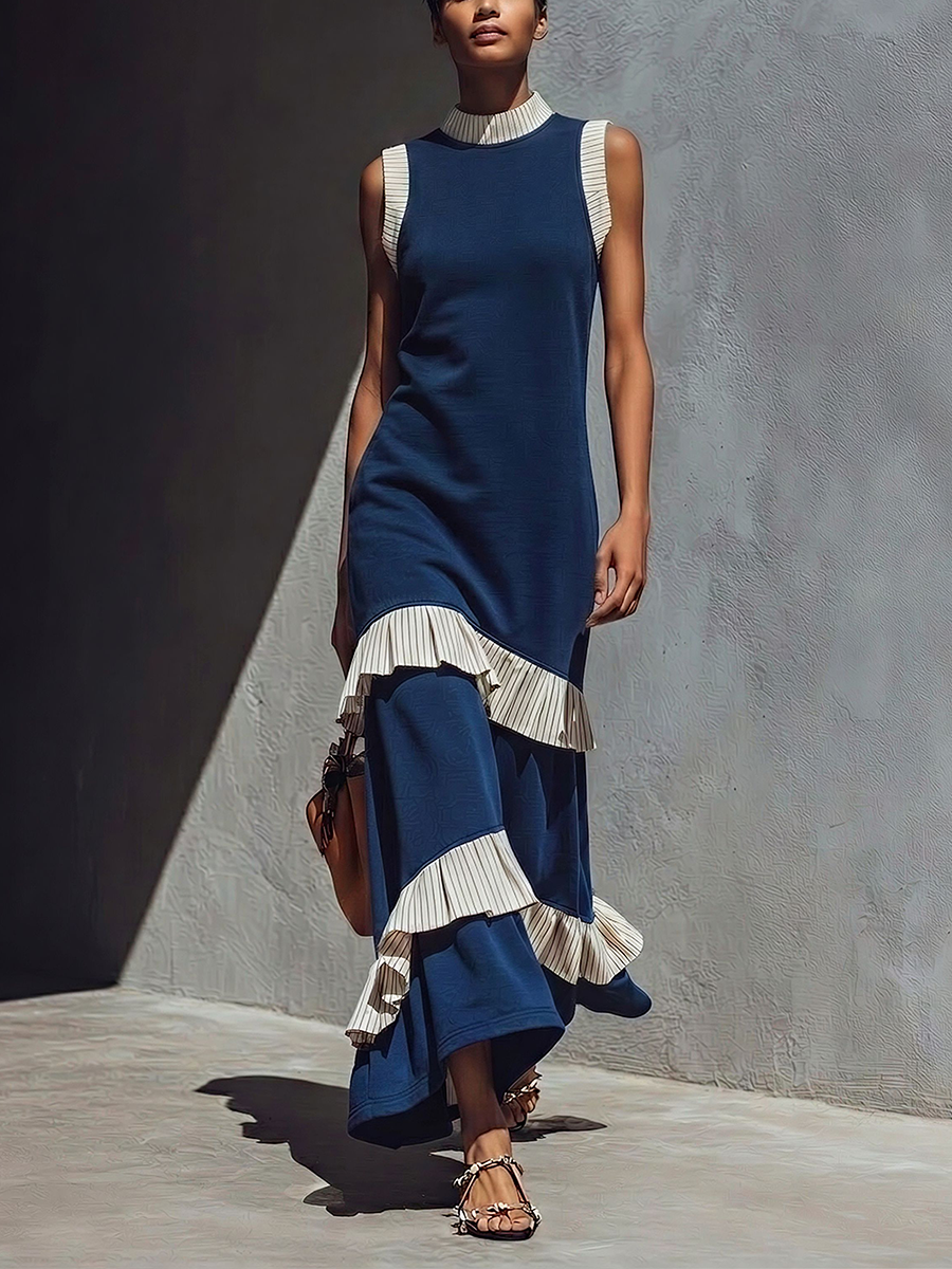 Women’s Navy Blue Sleeveless High-Neck Maxi Dress With Striped Ruffle Trim MDZ1155E1T