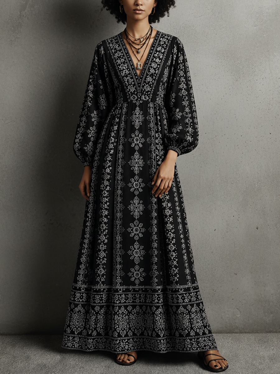 Women's Bohemian Style Black Cotton Blend Printed V-Neck Lantern Sleeve Long Dress MDZ1182E3GMJ