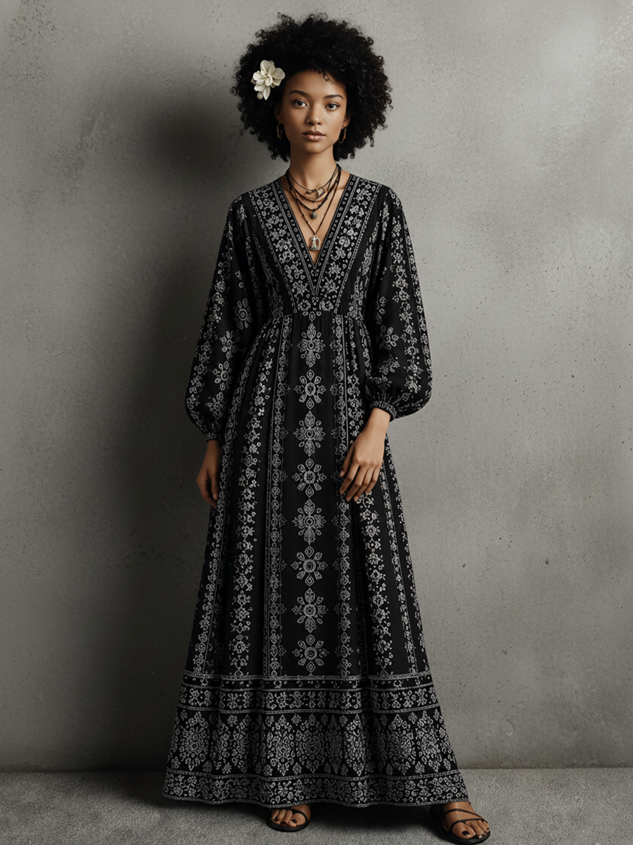 Women's Bohemian Style Black Cotton Blend Printed V-Neck Lantern Sleeve Long Dress MDZ1182E3GMJ