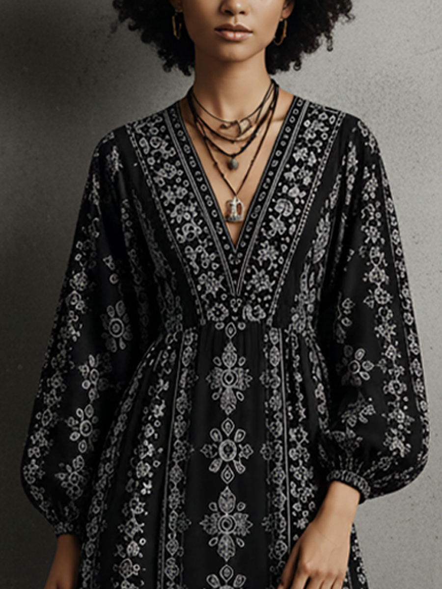 Women's Bohemian Style Black Cotton Blend Printed V-Neck Lantern Sleeve Long Dress MDZ1182E3GMJ