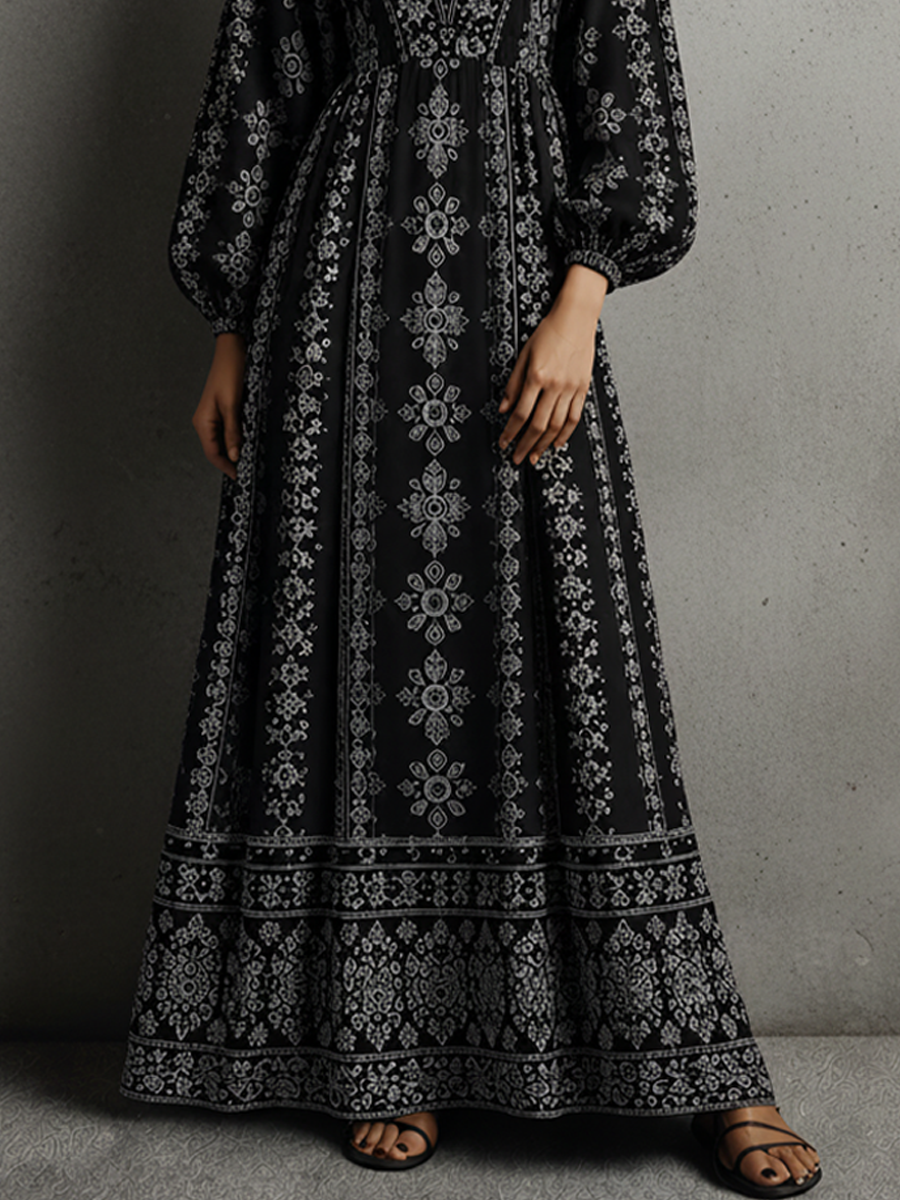 Women's Bohemian Style Black Cotton Blend Printed V-Neck Lantern Sleeve Long Dress MDZ1182E3GMJ