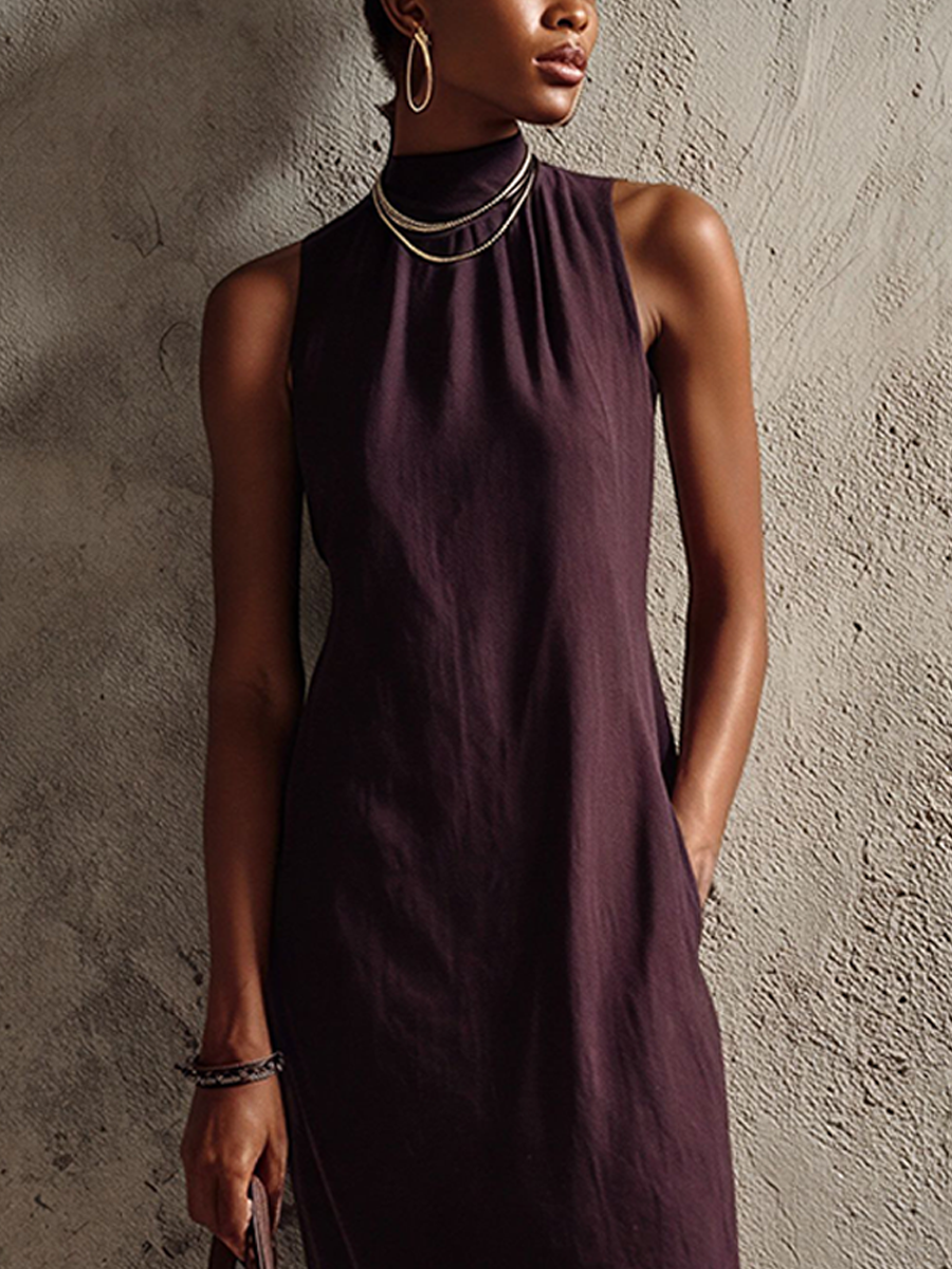 Women's Minimalist Dark Purple Cotton Blend High-Neck Sleeveless Midi Dress MDZ1195E7GMJ
