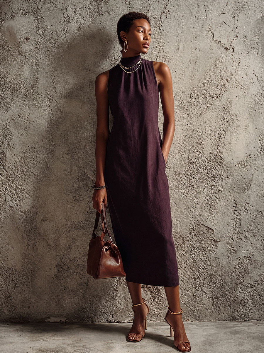 Women's Minimalist Dark Purple Cotton Blend High-Neck Sleeveless Midi Dress MDZ1195E7GMJ