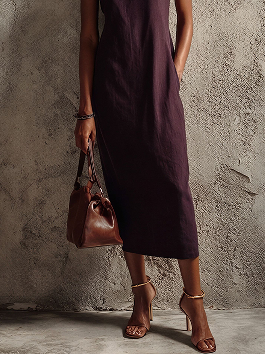 Women's Minimalist Dark Purple Cotton Blend High-Neck Sleeveless Midi Dress MDZ1195E7GMJ