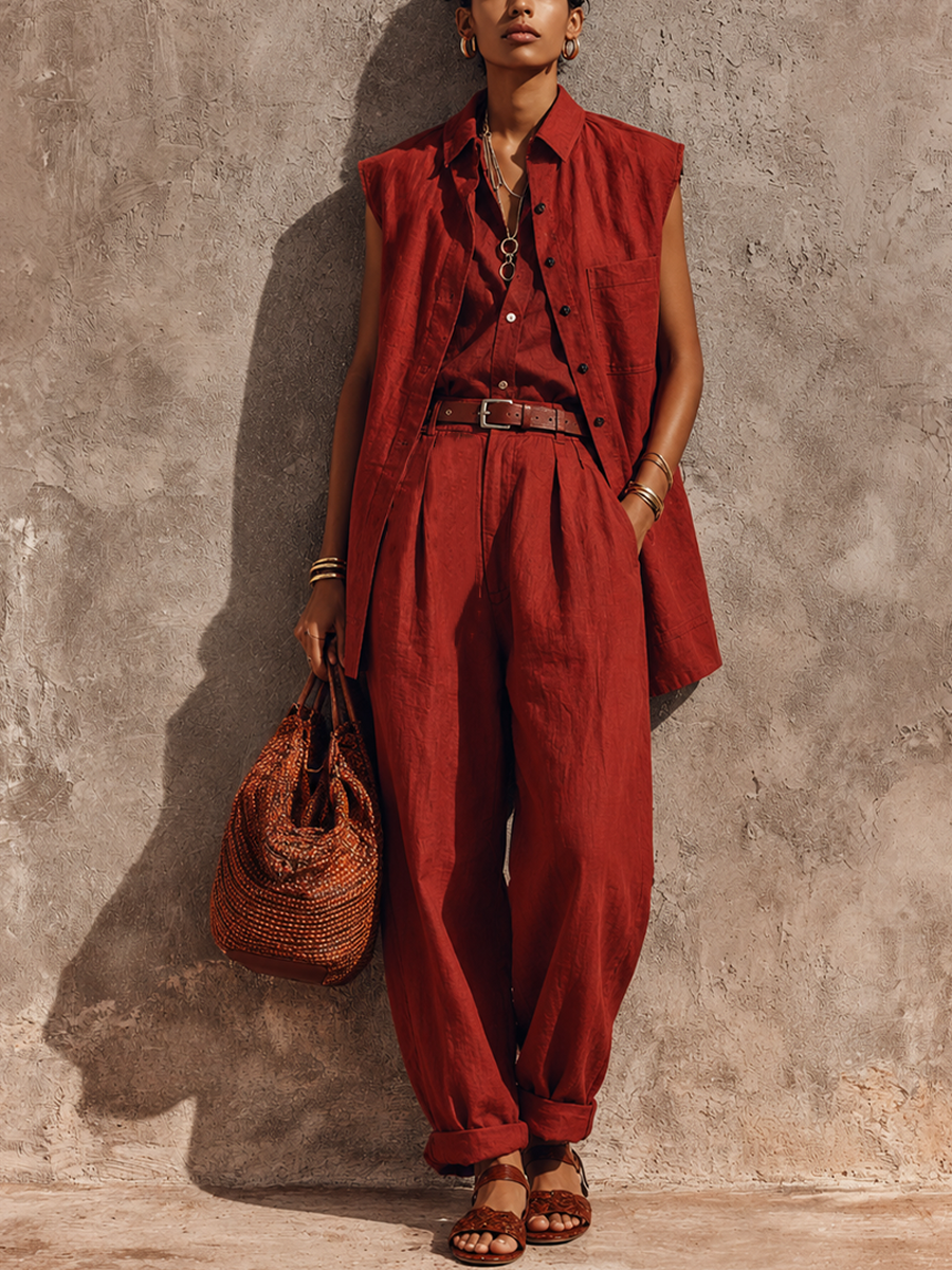 Women's Retro Brick Red Linen-Cotton Collared Sleeveless Vest And High-Waisted Pleated Wide-Leg Pants Set MDZ1110E3GMJ