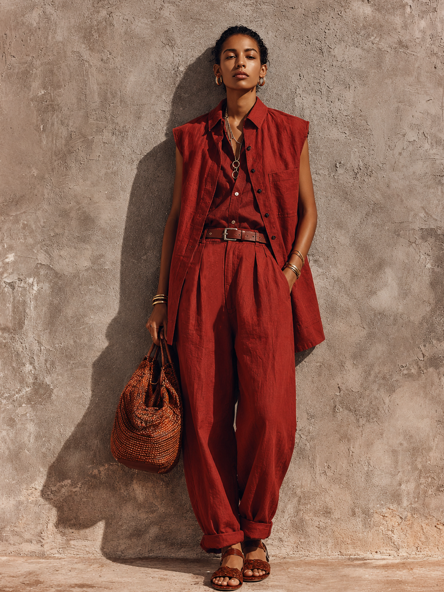 Women's Retro Brick Red Linen-Cotton Collared Sleeveless Vest And High-Waisted Pleated Wide-Leg Pants Set MDZ1110E3GMJ