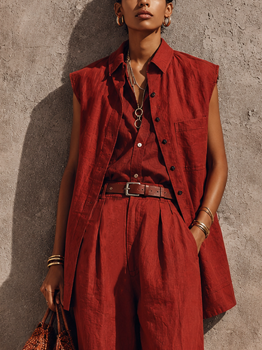 Women's Retro Brick Red Linen-Cotton Collared Sleeveless Vest And High-Waisted Pleated Wide-Leg Pants Set MDZ1110E3GMJ