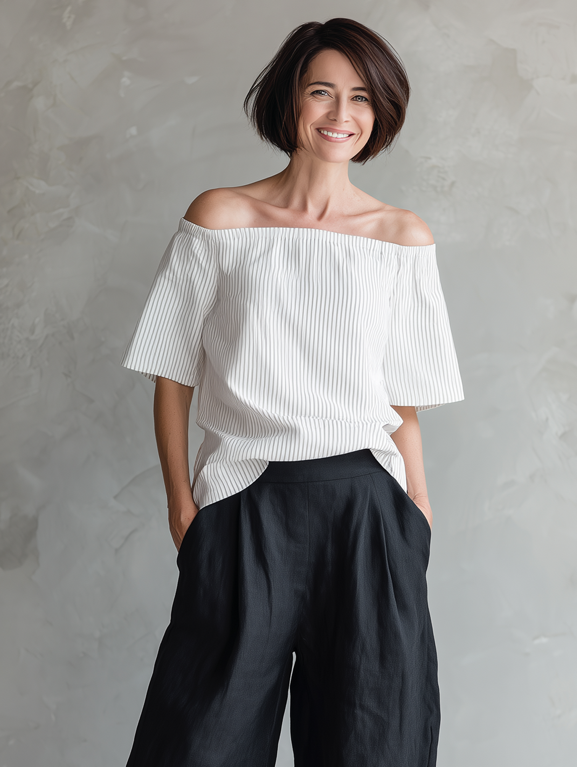 Women's Minimalist Linen-Blend Striped Off-Shoulder Blouse & Wide-Leg Pants Set MDZ1273E4Y