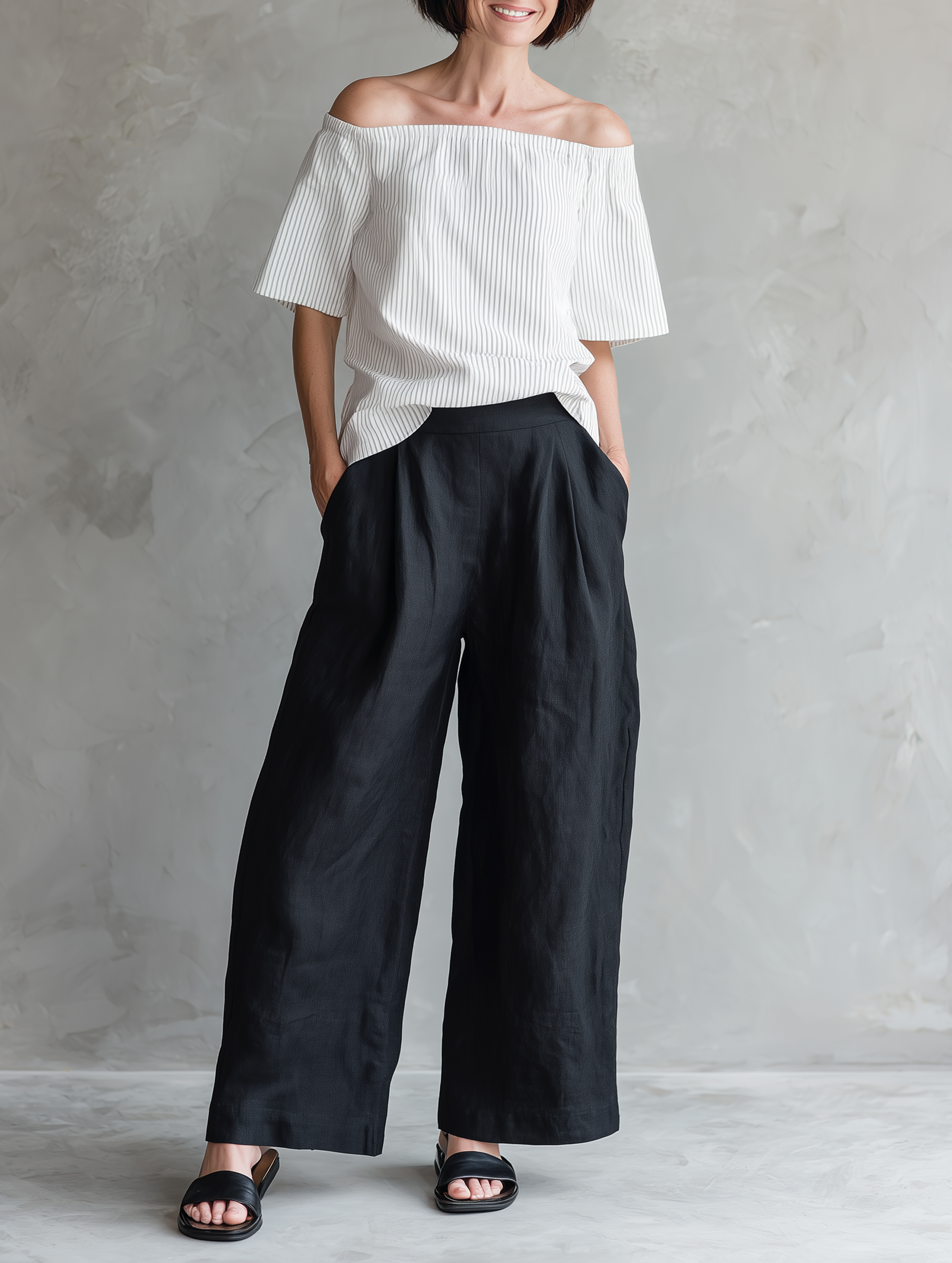 Women's Minimalist Linen-Blend Striped Off-Shoulder Blouse & Wide-Leg Pants Set MDZ1273E4Y