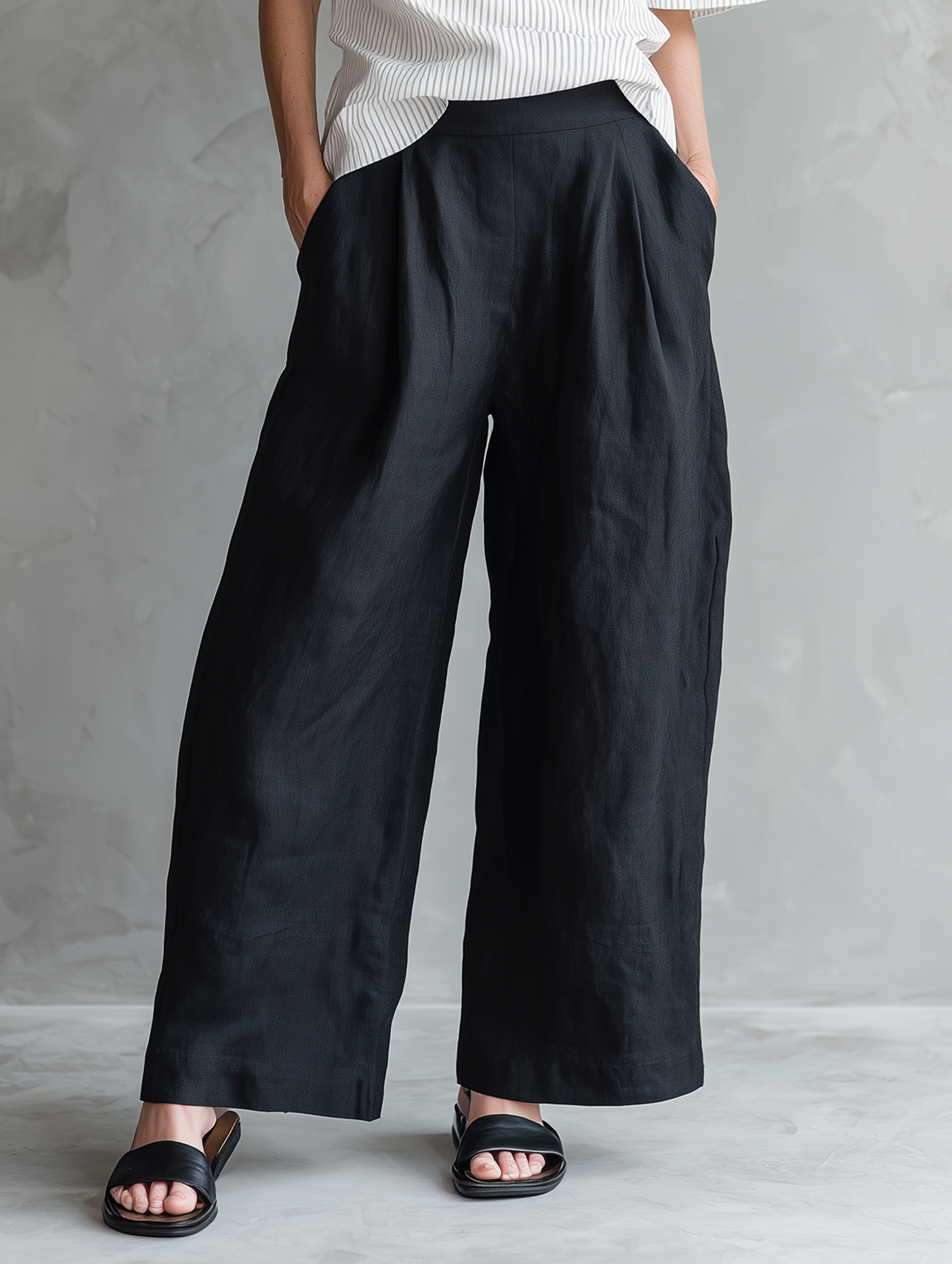 Women's Minimalist Linen-Blend Striped Off-Shoulder Blouse & Wide-Leg Pants Set MDZ1273E4Y