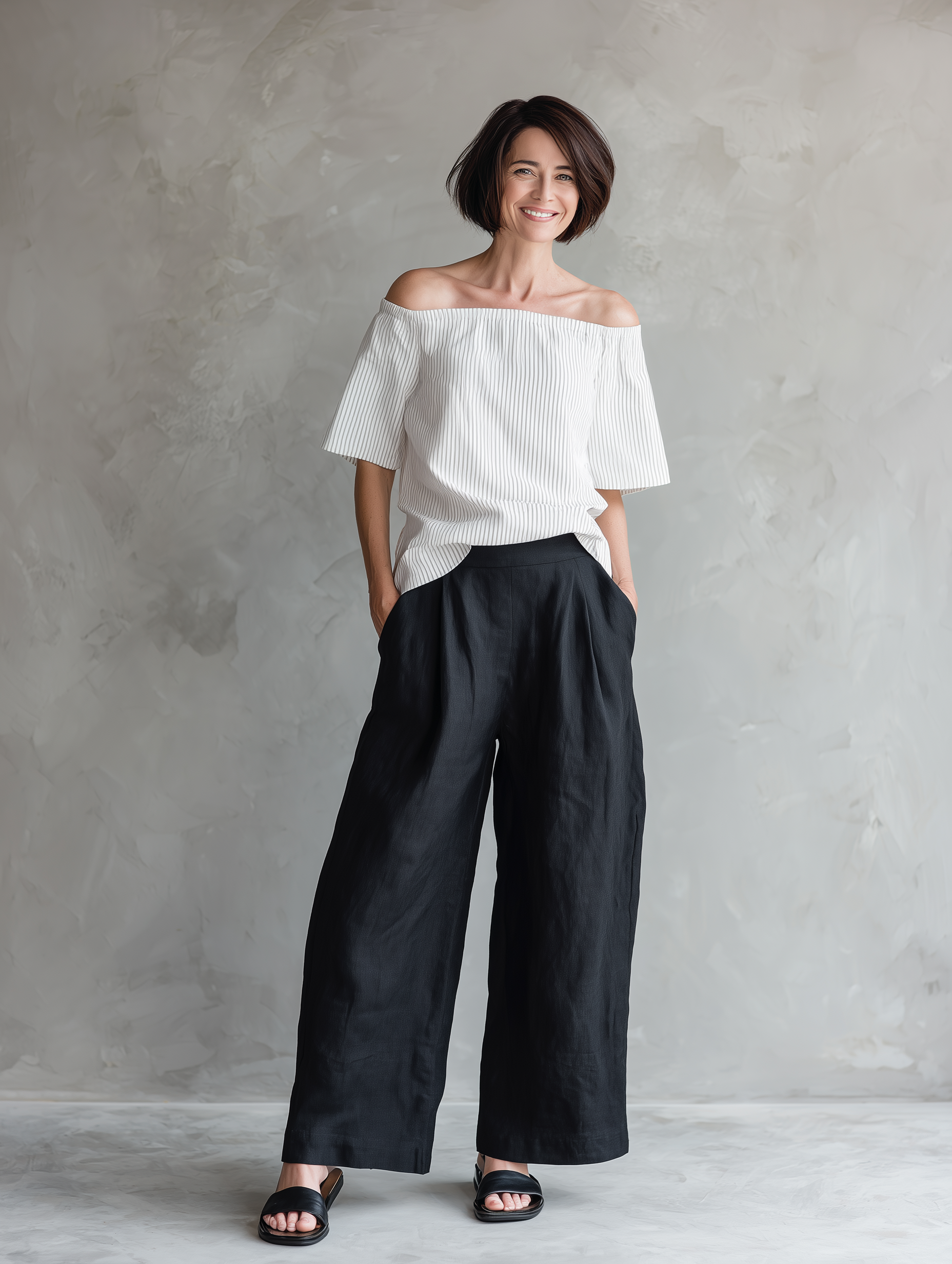 Women's Minimalist Linen-Blend Striped Off-Shoulder Blouse & Wide-Leg Pants Set MDZ1273E4Y